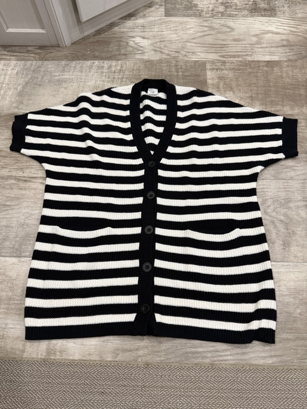 CAbi Black and White Striped Button Front Cardigan
